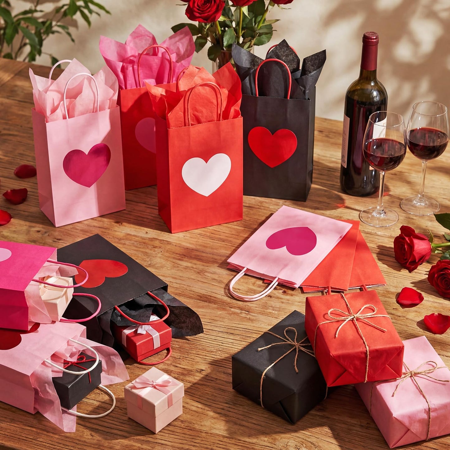 Jaloro 48 Pack Galentines Party Gift Bags with Tissue Paper 8 x 6 x 3.15 Inches Metallic Heart Candy Goodie Favor Kraft Paper Bags with Handles Gift Wrap Bag for Birthday Wedding Anniversary Dating