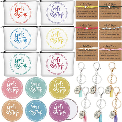 Liliaafar 24 Pcs Girls Trip Gift Favors 6 Makeup Bags 6 Keychains 6 Travel Mirrors 6 Getaway Bracelets Girls Weekend Cosmetic Pouch for Sisters Friends Bestie Bachelorette Party Supplies