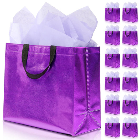 KeerxunBag 12Pcs Reusable Gift Bags（Includes Tissue Paper） Gift bag with handle Birthdays Parties Holidays Weddings Medium 13x5x11in Purple Gift Bags