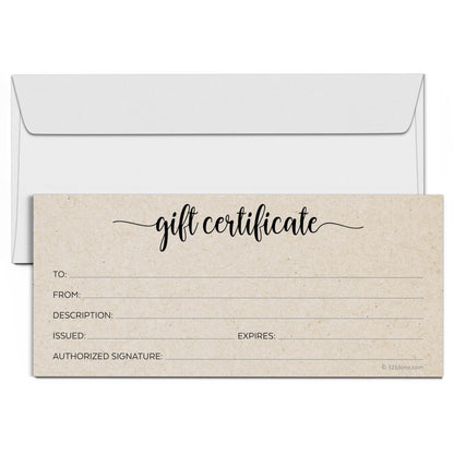 321Done Rustic Gift Certificates (Pack of 24 with Envelopes) 4x9 Inches Blank Kraft Tan Minimalist for Small Business, Holiday, Christmas Voucher, Spa, Salon - Made in USA