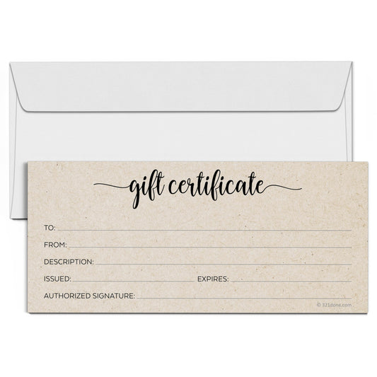 321Done Rustic Gift Certificates (Pack of 24 with Envelopes) 4x9 Inches Blank Kraft Tan Minimalist for Small Business, Holiday, Christmas Voucher, Spa, Salon - Made in USA