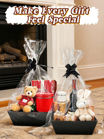 Beeplove 6 Sets Large Thick Kraft Baskets for Gifts Empty - Gift Baskets Empty Kit with Cellophane Wrap and Pull Bows for Wedding Birthday Bridesmaid Baby Shower, Black