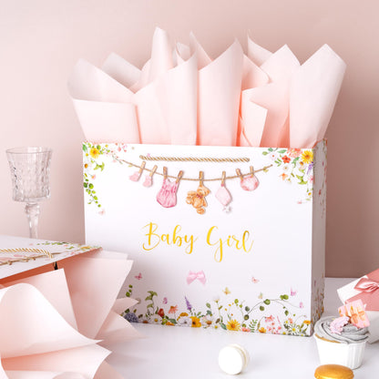Crisky 13" Large Baby Shower Gift Bag with Tissue Paper, Gift Card and Bow for Baby Shower Decorations for Girl Kids Birthday Gifts(Features a Babysuit Banner and Pink Bow)