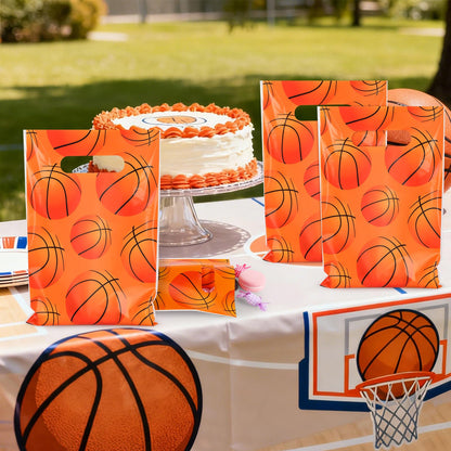 Hooqict 50PCS Basketball Gift Bags with Handle Basketball Party Favor Bags Snack Goodie Treat Candy Bag for Kids Boys Men Sport Themed Birthday Party Supplies (9.8 x 6.7 Inch)