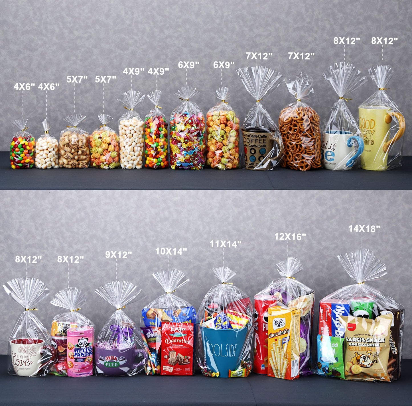 50Pcs 12X16 inch Bottom Gusset Bags Clear Cellophane Gift Wrap Wrapping Plastic Large Cello Bags for Party Favors Treats Mug with 5" Twist Ties
