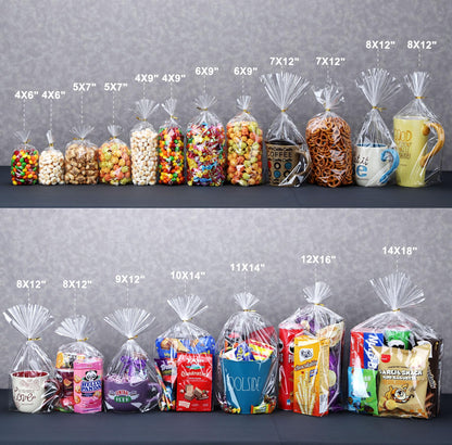 50Pcs 12X16 inch Bottom Gusset Bags Clear Cellophane Gift Wrap Wrapping Plastic Large Cello Bags for Party Favors Treats Mug with 5" Twist Ties
