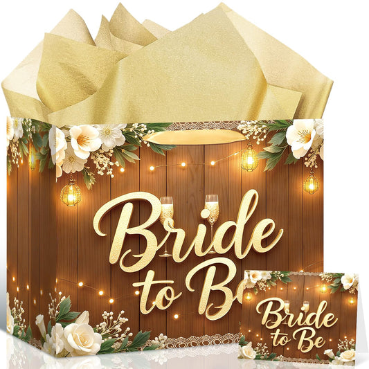 Woosytoo 1PC Brown Bride Gift Bag, Bridal Shower Gift Bags with Card and Tissue Paper, Bridal to Be Gift Wrapping Paper Bag for Bachelorette Engagement Wedding Shower Party Favor Bag