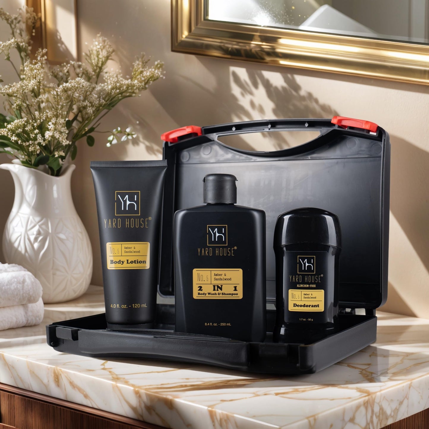 Yard House Mens Bath Body Gift Set, Sandalwood Amber, 4-Pcs Grooming Kit with Body Wash, Body Lotion, Deodorant, Travel Toolbox Case - Fathers Day Gifts For Father, Birthday Christmas Gift Ideas