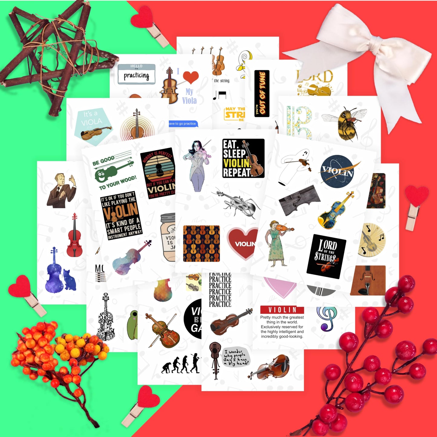 BulbaCraft 100Pcs Violin Stickers for Water Bottle and Laptop - Violin Party Supplies & Decorations, Waterproof Vinyl Decals, Music and Instrument Stickers, Gifts for Women & Men