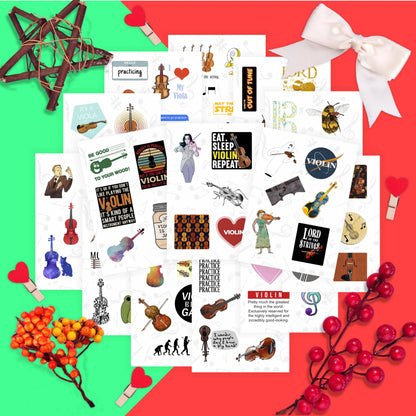 BulbaCraft 100Pcs Violin Stickers for Water Bottle and Laptop - Violin Party Supplies & Decorations, Waterproof Vinyl Decals, Music and Instrument Stickers, Gifts for Women & Men