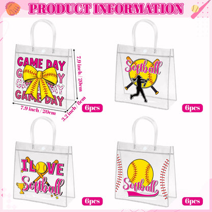 H1vojoxo Softball Goodie Gift Bags - 24PCS Softball Clear PVC Gift Bags for Team Girls with Handle Reusable Sport Party Favors Team Birthday Gifts Bag Treat Snack Bag for Girls End of Season Gifts Bag