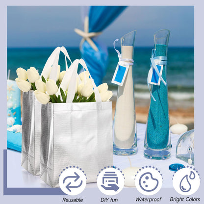 Eccliy 80 Pcs Reusable Gift Bags Set Glossy Grocery Gift Tote Bag with Hadnle for Wedding, Father's Day, Graduation, Summer Event (10 x 8 x 4.7 Inch,Silver)