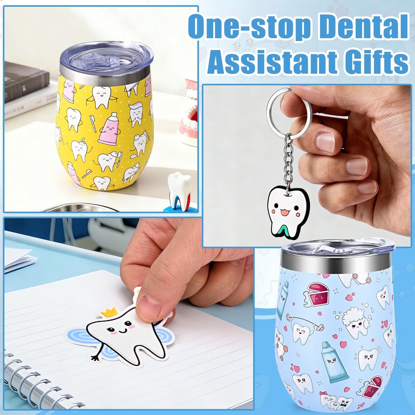 Lifecapido 9Pcs Dental Hygienist Gifts, Dental Assistant Appreciation Gifts Bulk for Coworkers, 12oz Wine Tumbler with Lid & Straw, Tooth Keychains, Stickers for Appreciation Week(Multicolor)