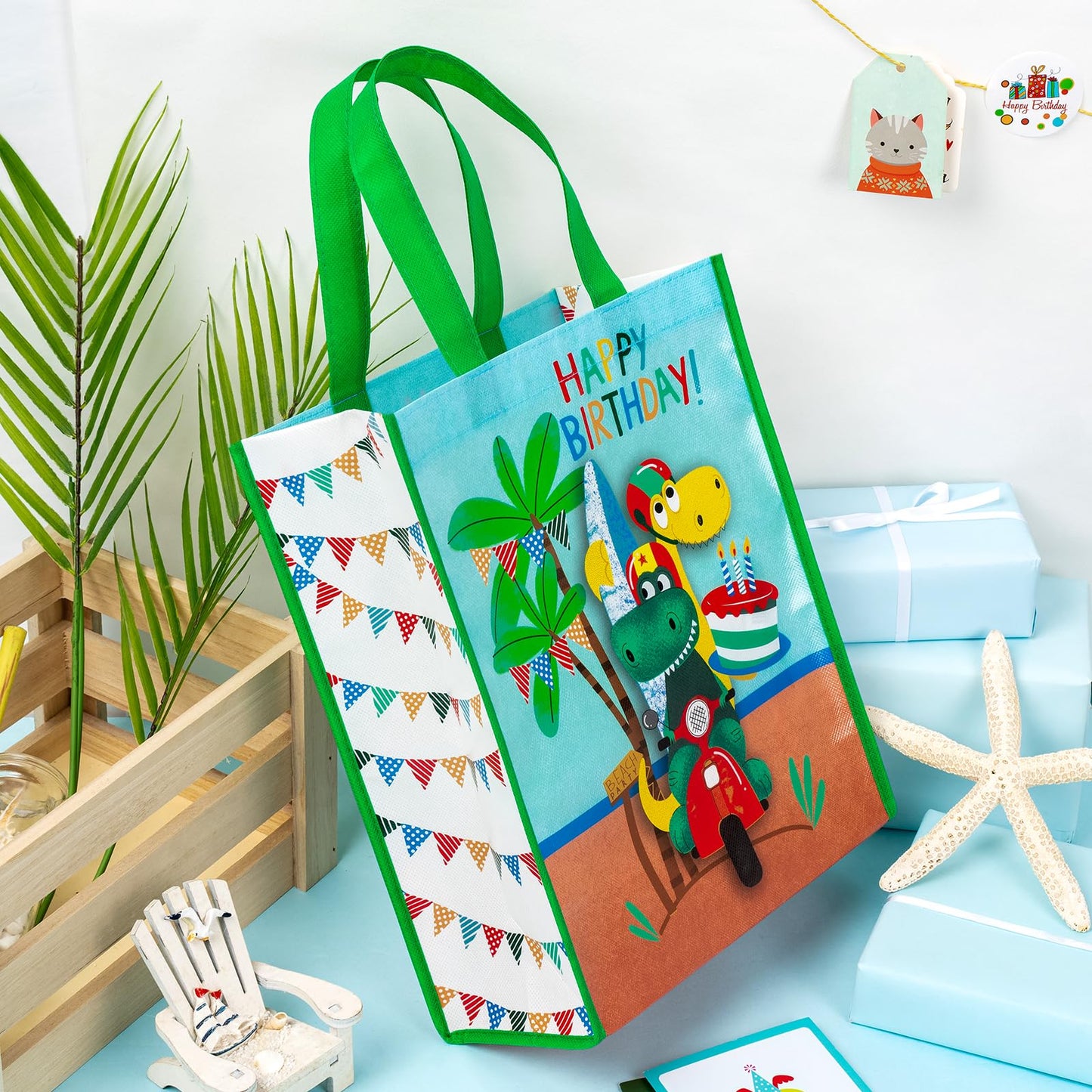 WRAPAHOLIC Large Reusable Dinosaur Birthday Gift Bag with Handles - 10 x 5 x 13 inch - Dinosaur Happy Birthday