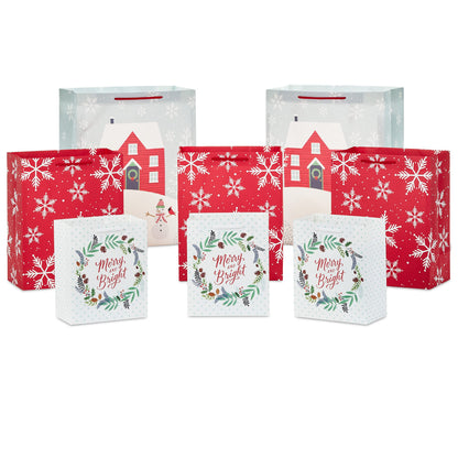 Hallmark Rustic Christmas Gift Bag Assortment (8 Bags: 3 Small 6", 3 Medium 9", 2 Large 13") Gray, White and Red, Farmhouse, Snowman, Snowflakes, Merry and Bright Wreath