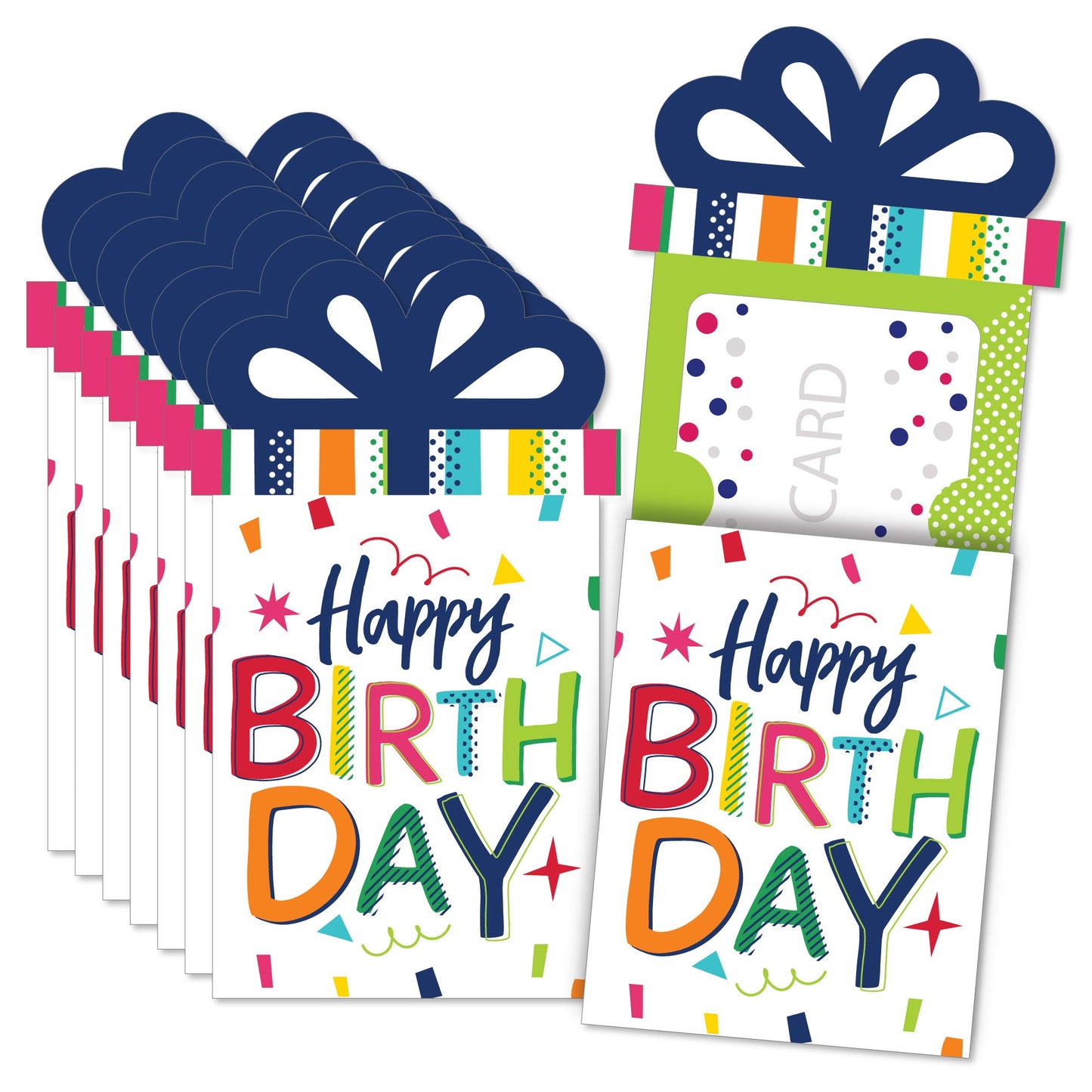 Big Dot of Happiness Cheerful Birthday Gift Card Holders - Colorful Celebration Money and Gift Card Sleeves, Premium Presentation Set with Envelopes, 8 Pack