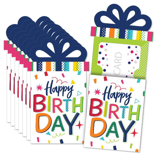 Big Dot of Happiness Cheerful Birthday Gift Card Holders - Colorful Celebration Money and Gift Card Sleeves, Premium Presentation Set with Envelopes, 8 Pack