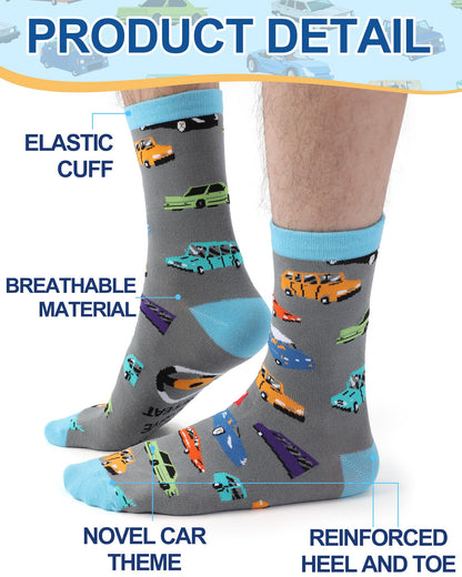 6 Pairs Funny Car Socks for Men Novelty Automotive Cotton Crew Socks for Car Lover Birthday Father's Day Gift