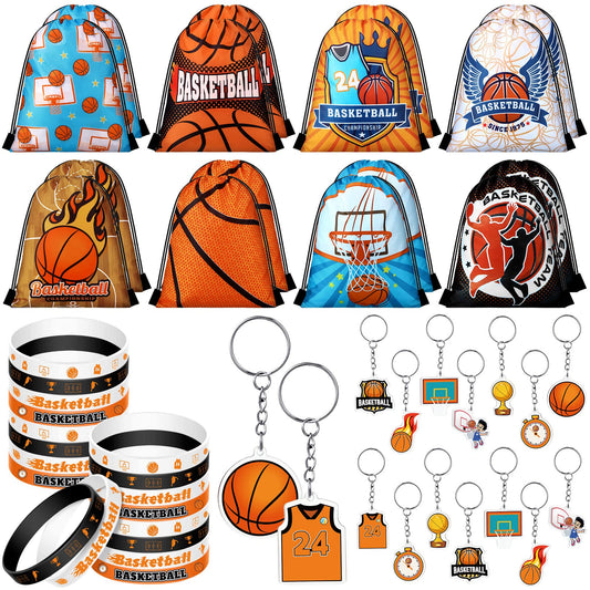 Talltalk 48 Pcs Basketball Party Favors Gifts Sets Kids Basketball Team Gifts 16 Sets Goodie Bags Stuffers Drawstring Candy Snack Bag Motivational Wristband Sport Keychains for Birthday Party Supplies