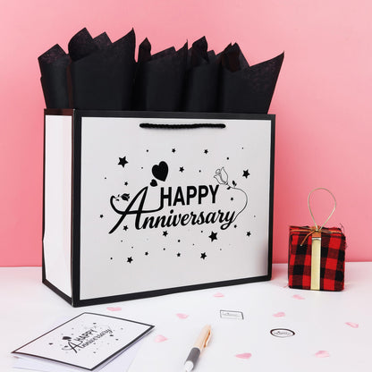 Qirrmiy 13'' Large Anniversary Design Gift Bag Set with Handles, Greeting Card, Black Tissue Papers and Stickers for Women Men Husband Wife Boyfriend Girlfriend or Romantic, Anniversary Design, 1 Pcs