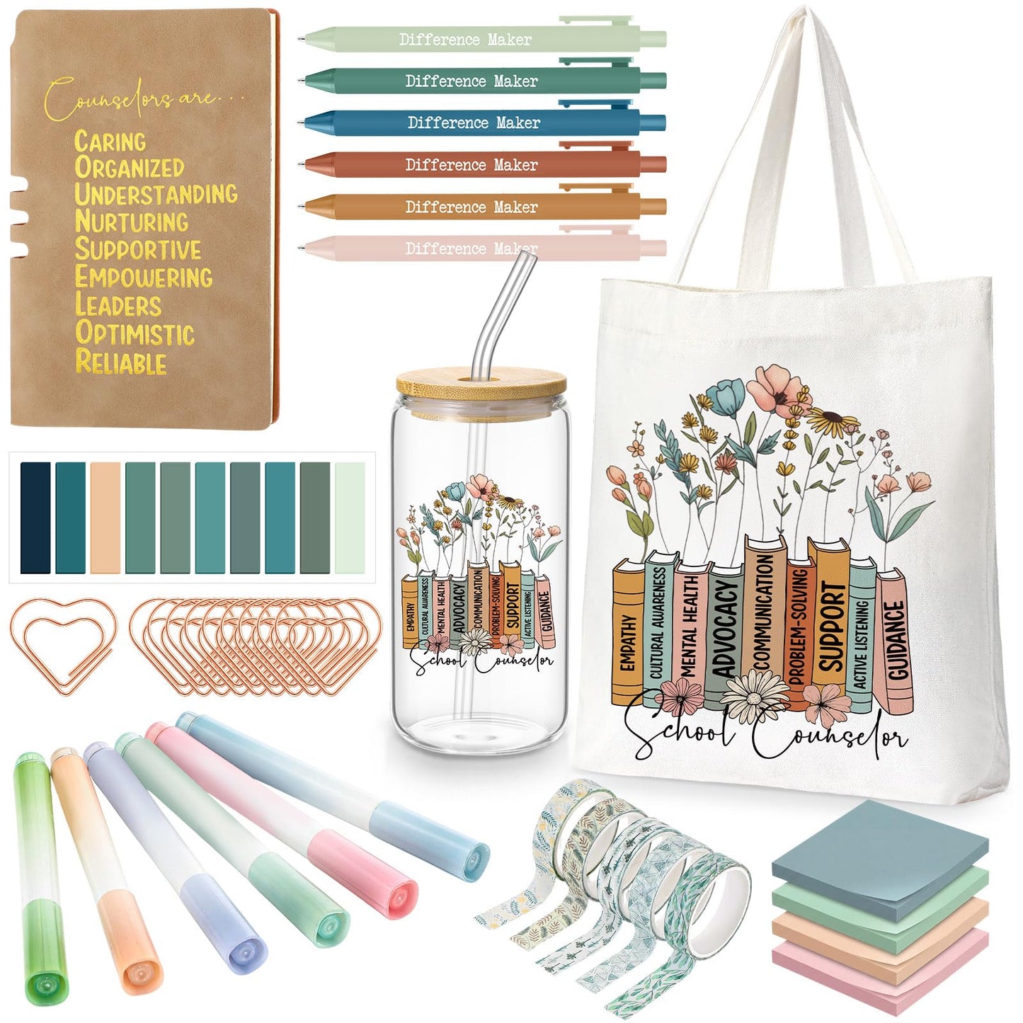 Yungyan 35 Pcs School Counselor Must Have Appreciation Gift Set 16 oz Glass Cup Tote Bag Leather Notebook Ballpoint Pen Highlighter Sticky Note Paper Clip Thank You Gift for Counselor Teacher Educator
