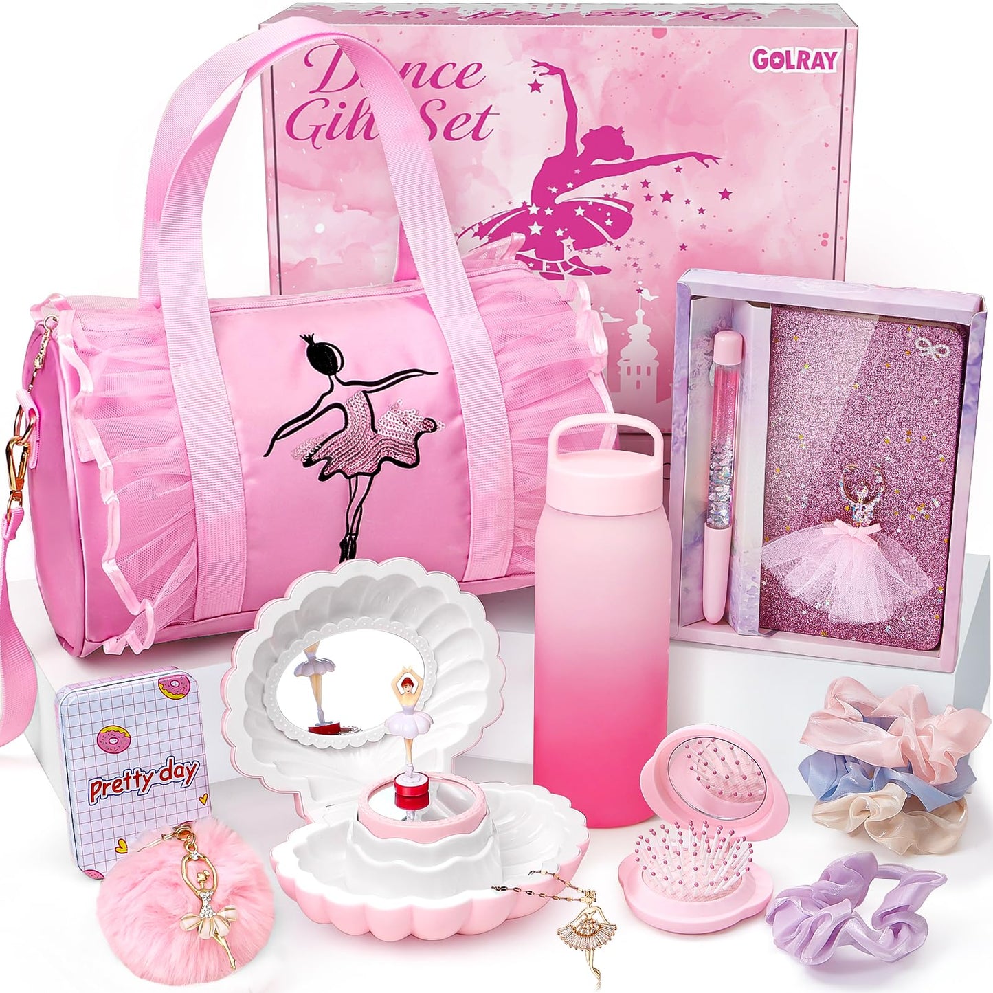 Golray 15 Pcs Dance Recital Gifts for Girls Age 5 6 7 8 12 with Ballet Dance Bag/Musical Ballerina Jewelry Box/Water Bottle/Journal Christmas Birthday Gifts Kid Girl Toy for Daughter, Granddaughter