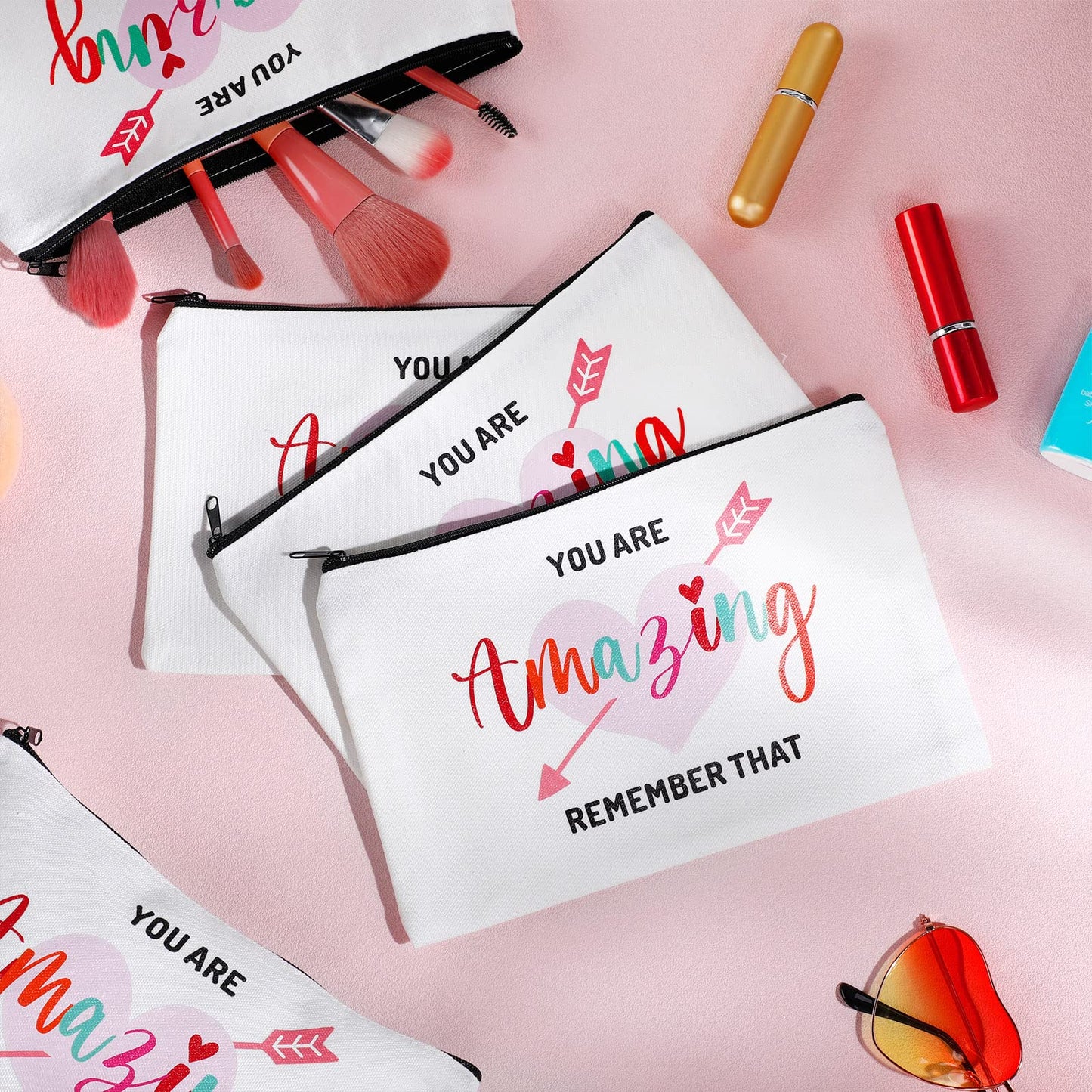 Chunful 10 Pieces Inspirational Canvas Makeup Bags for Women Graduation Gift Rainbow Canvas Cosmetic Bags Bulk with Zipper Friendship Gift Travel Toiletry Pouch(Heart Style)