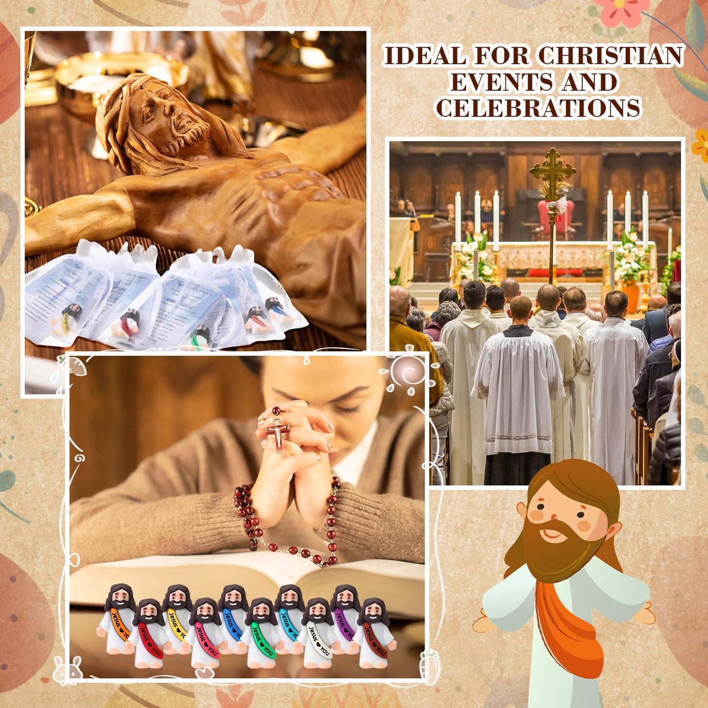 Bememo 150 Pcs Christian Gifts Bulk Bible Verse Cards Little Jesus Figures Prayer Cards Organza Bags for Easter Hunt Religious Party Favors Sunday Baptism, 50 Set(Bright Color,Love You)