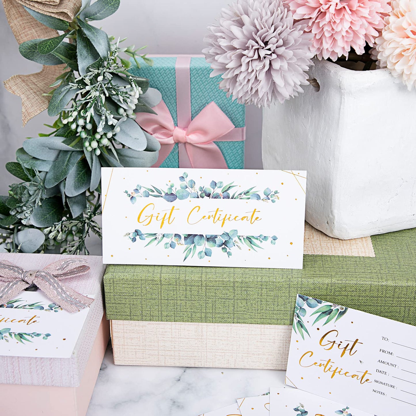 Chuangdi 100 Pcs Gift Certificate for Business Eucalyptus Blank Gift Certificate Cards Gold Foil Present Postcard Double-sided Customer Client Voucher Card for Wedding Birthday Beauty Salon Spa