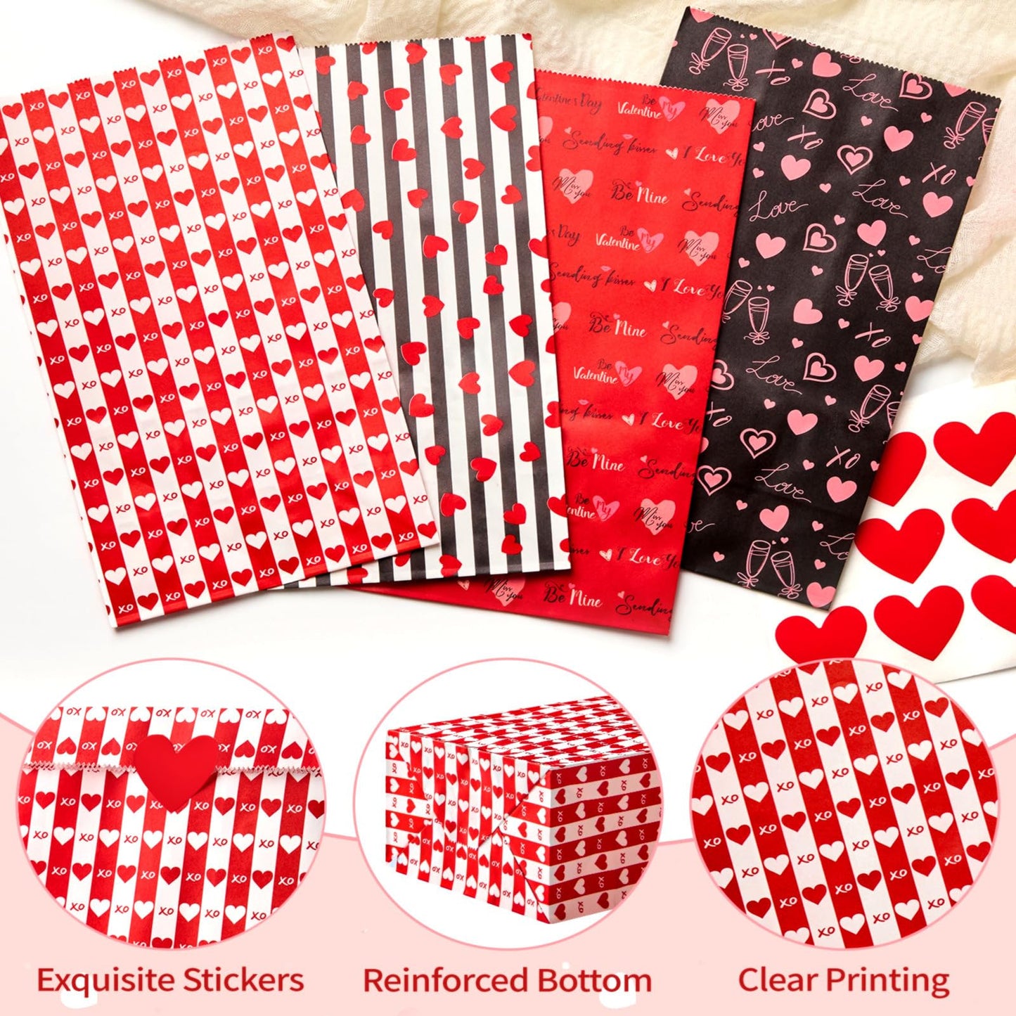 Jutieuo 24 PCS Valentine's Day Gift Bags with Heart Labels, Cute Black Red Valentine Paper Treat Bags Goodie Bag for Valentines Party Favors