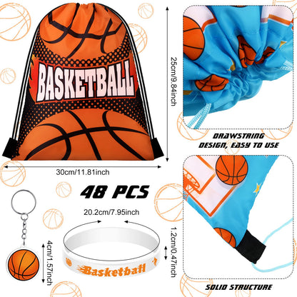Talltalk 48 Pcs Basketball Party Favors Gifts Sets Kids Basketball Team Gifts 16 Sets Goodie Bags Stuffers Drawstring Candy Snack Bag Motivational Wristband Sport Keychains for Birthday Party Supplies