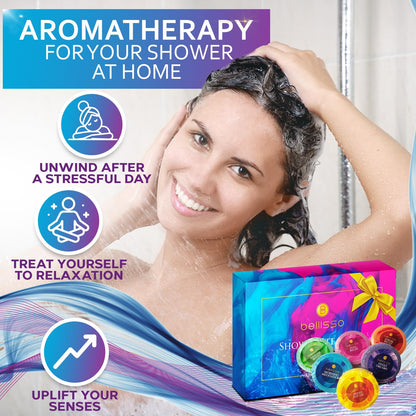 Aromatherapy Shower Steamers Gift Set, Six Fizzies - Uplifting, Relaxing, Stress Relief Scents for Women and Men - Self Care Home Spa Experience - Christmas Day Stocking Stuffers and Relaxation Gifts