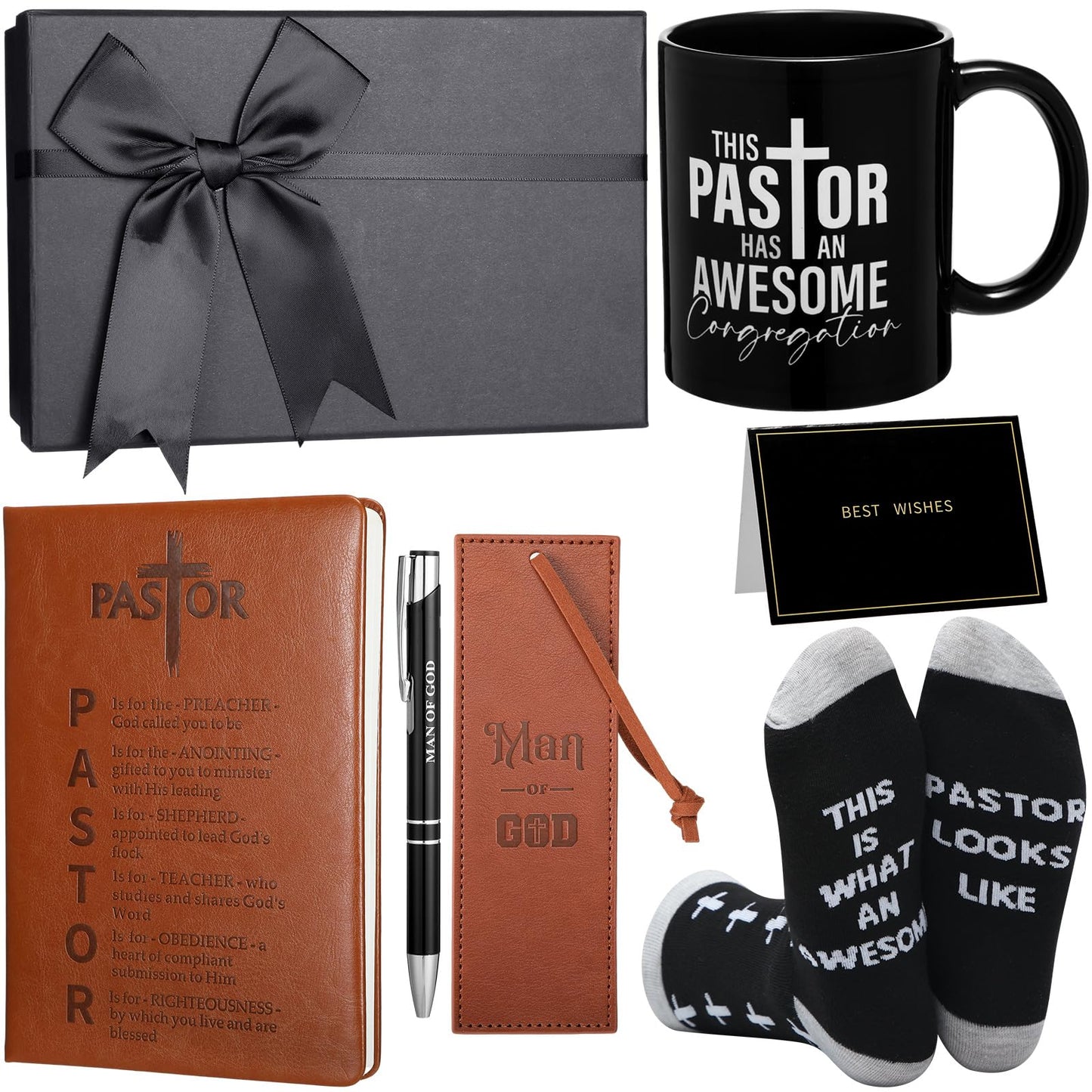7 Pcs Pastor Appreciation Gift for Men Christian Pastor Gift Includes Leather Journal Man of God Bookmark Pen 11 oz Coffee Mug Cross Crew Socks Box for Birthday Fathers Day(Brown and Black)
