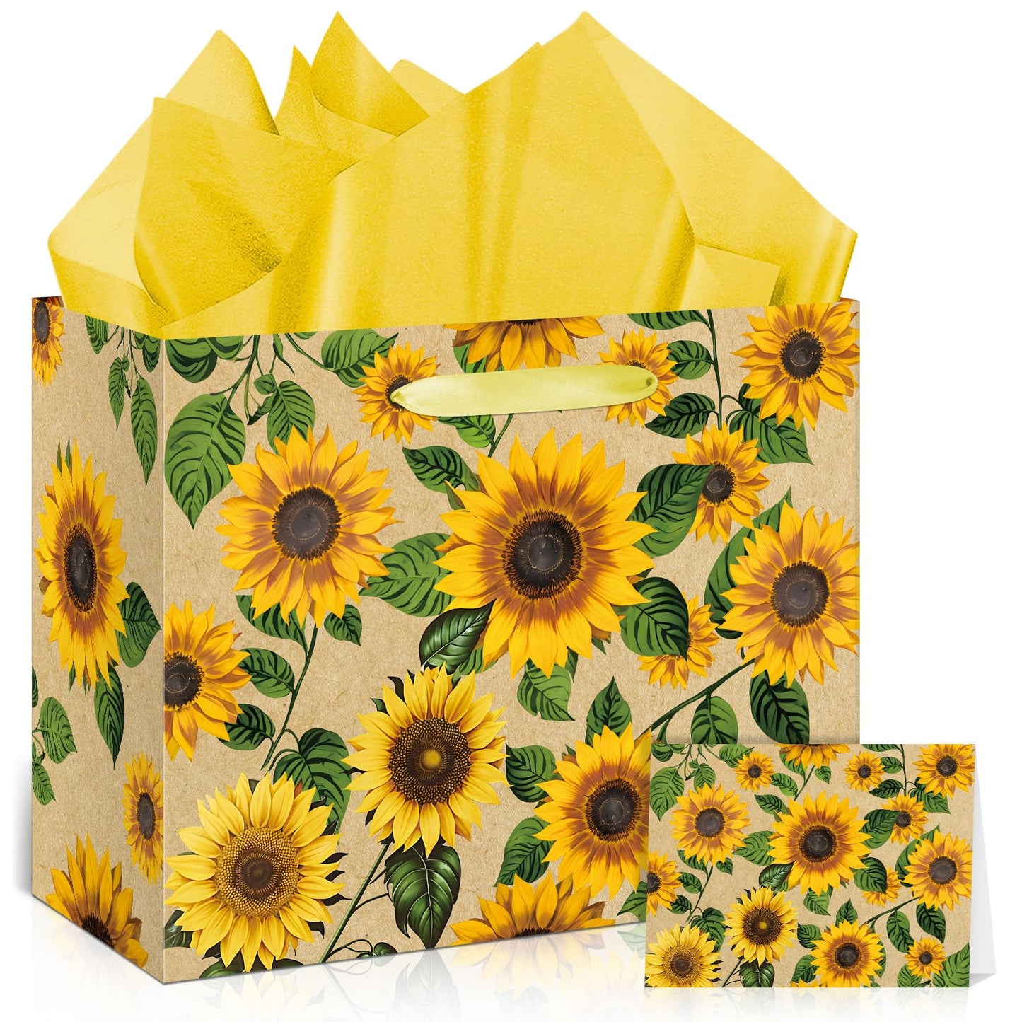 Large Sunflower Gift Bag with Tissue Paper and Greeting Card Yellow Sunflower Party Favor Bags Decorations Floral Sunflower Treat Candy Paper Bag Sunflower Wrapping Paper for Wedding Birthday Gift