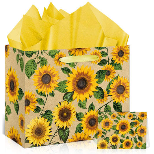 Large Sunflower Gift Bag with Tissue Paper and Greeting Card Yellow Sunflower Party Favor Bags Decorations Floral Sunflower Treat Candy Paper Bag Sunflower Wrapping Paper for Wedding Birthday Gift