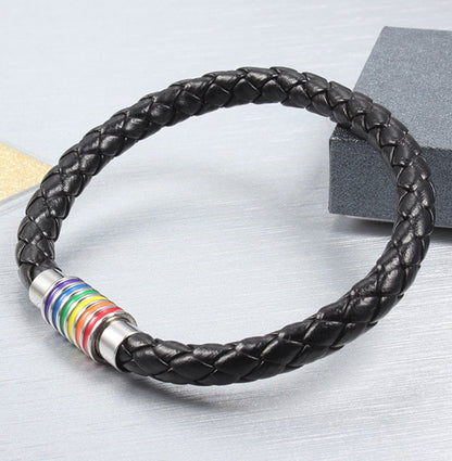 Nanafast Titanium Stainless Steel Rainbow LGBT Pride Bracelet Handmade Braided LGBTQ Pride Bracelets PU Leather Weave Plaited Wristband Jewelry