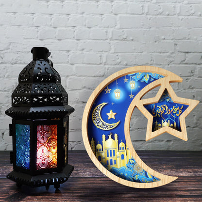 Capoda Ramadan Serving Tray Decoration - Wooden Moon and Star Tray Eid Mubarak Kareem Pastry Plate Gold Blue Food Dessert Snack Fruit Plate for Islamic Gifts Muslim Home Eid Party Supplies