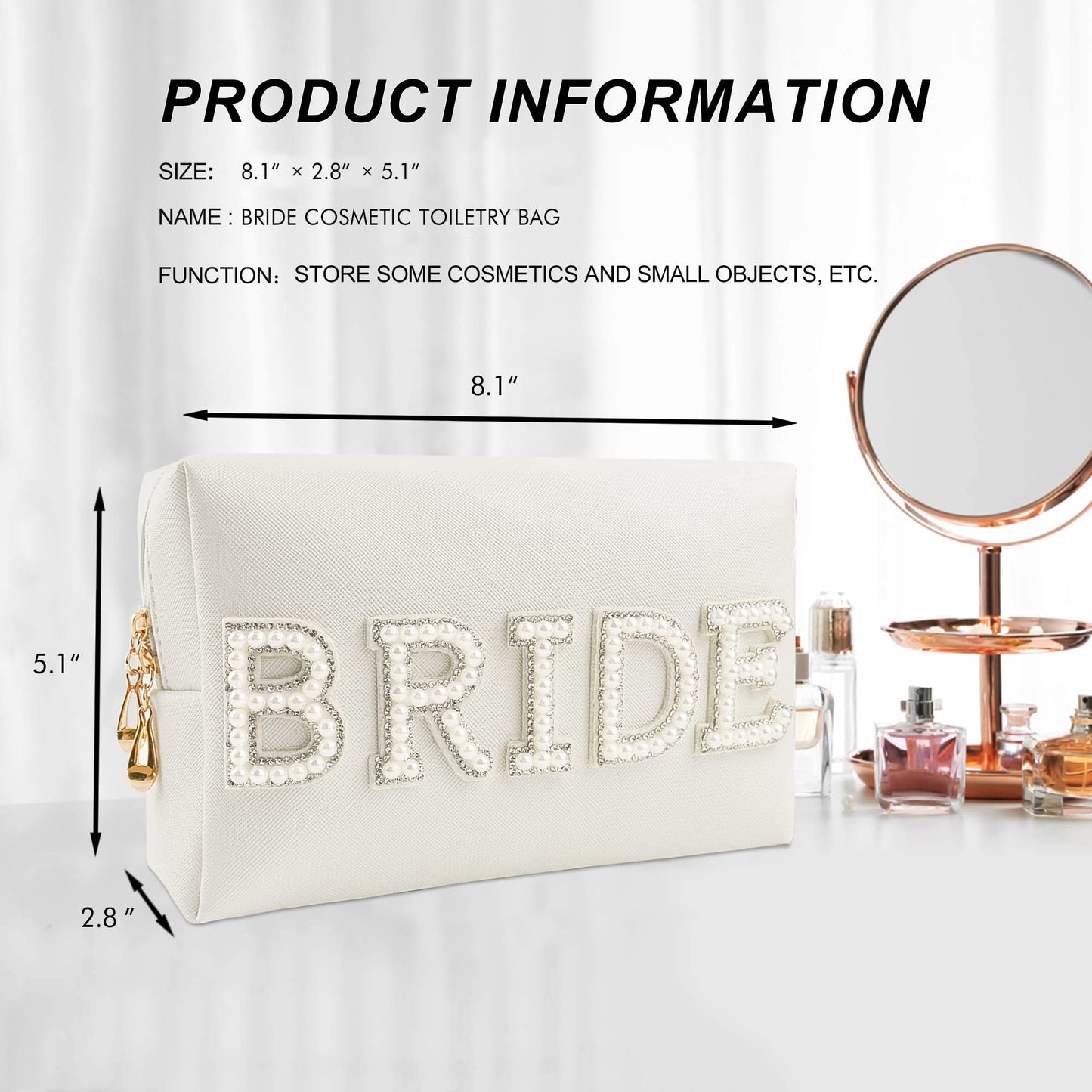 Kovewon Bride Patch Letter Makeup Bag for Women Bridesmaid Engagement Gift for Her White Pearl Rhinestone Travel Toiletry Bag Make Up Bag Pouch for Purse Bridal Shower Gifts for Engagement Wedding