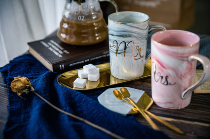 Jumway Wedding Gifts for Bride and Groom, Gifts for Bridal Shower Engagement Wedding and Married Couples Anniversary - Ceramic Marble Coffee Mugs with Real Gold Mr/Mrs Letters 14 Oz Pink