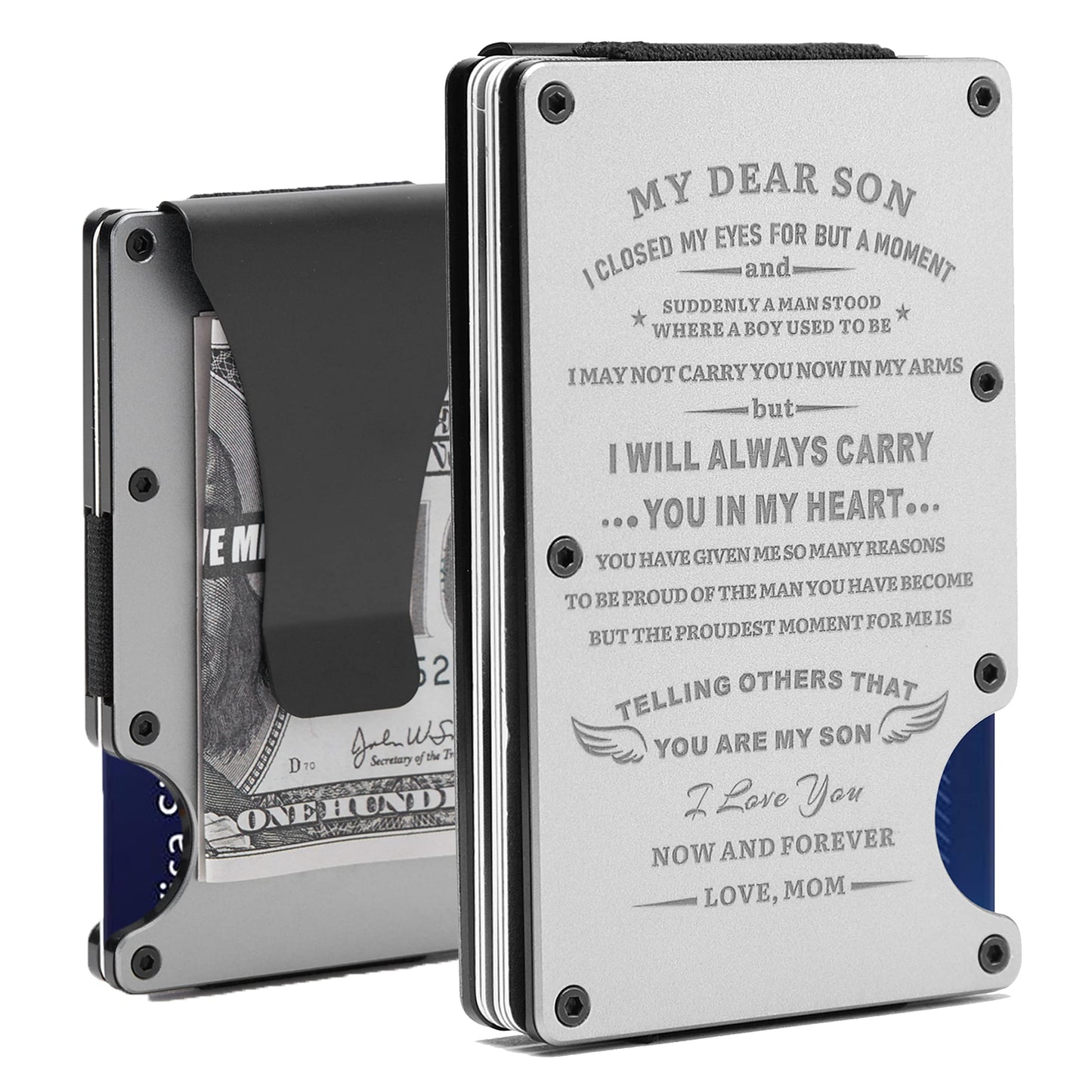 To My Son Gift | Men Personalized Engraved Minimalist Metal Wallet from Mom Mother | Custom Love Message Slim Aluminum Card Holder with Money Clip | Graduation Birthday Wedding Christmas Deployment