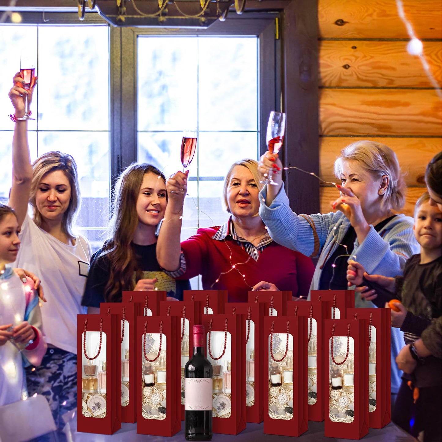 Tioncy 24 Pcs Single Wine Bottle Gift Bag Bulk Wedding Champagne Boxes with Clear Window Handles Reusable Holiday Party Favor(Burgundy)