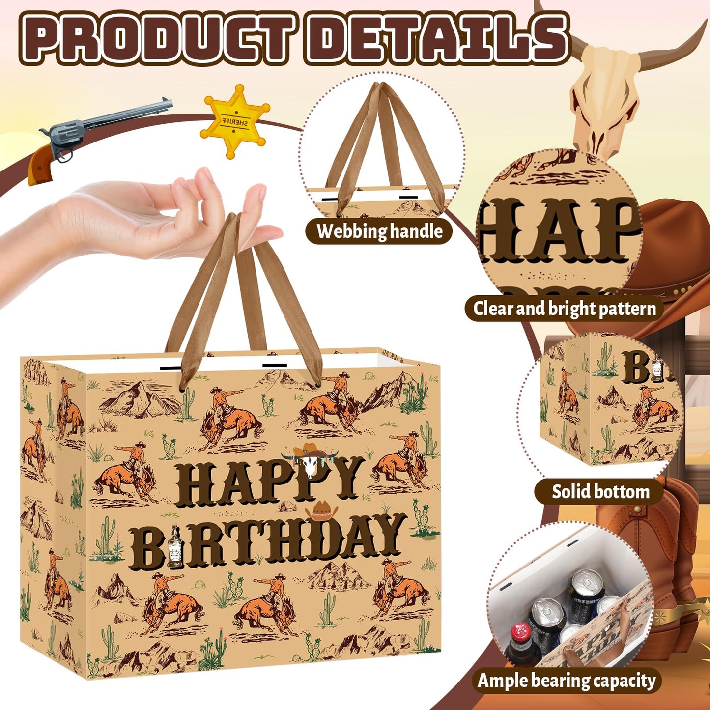 Wauprant Cowboy Birthday Gift Bags,Brown Western Rodeo Cowboy Wrapping Paper Gift Bag with Handles Greeting Card and Paper,Riding Horse Wild West Party Decoration for Men Birthday Western Theme Party
