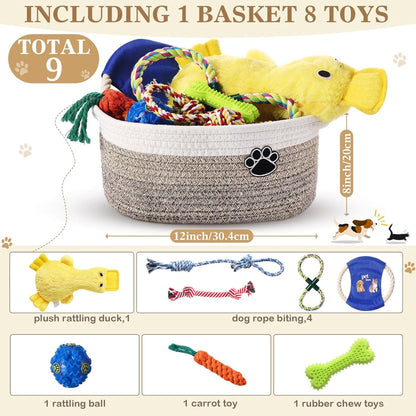 Zopeal Puppy Dog Toy Gift Storage Basket with Dog Toys Set Chew Toys Birthday Gift Basket Teething Interactive Squeaky Duck for Teething Small Medium Large Dogs(Khaki)