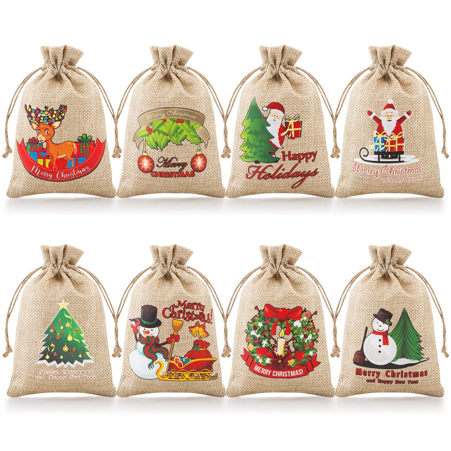 FloraSea 24 Pcs Small Christmas Gift Bags, 4x6 inches Mini Christmas Burlap Gift Bags with Drawstrings(8 Designs Styles)