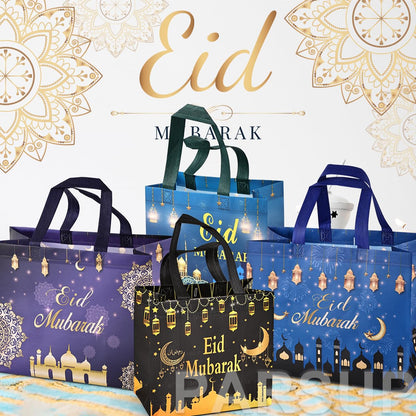 PARSUP 8PCS Eid Mubarak Reusable Gift Bags, Assorted Sizes Non-Woven Party Treat Bags with Handles for Gifts Wrapping, Party Supplies