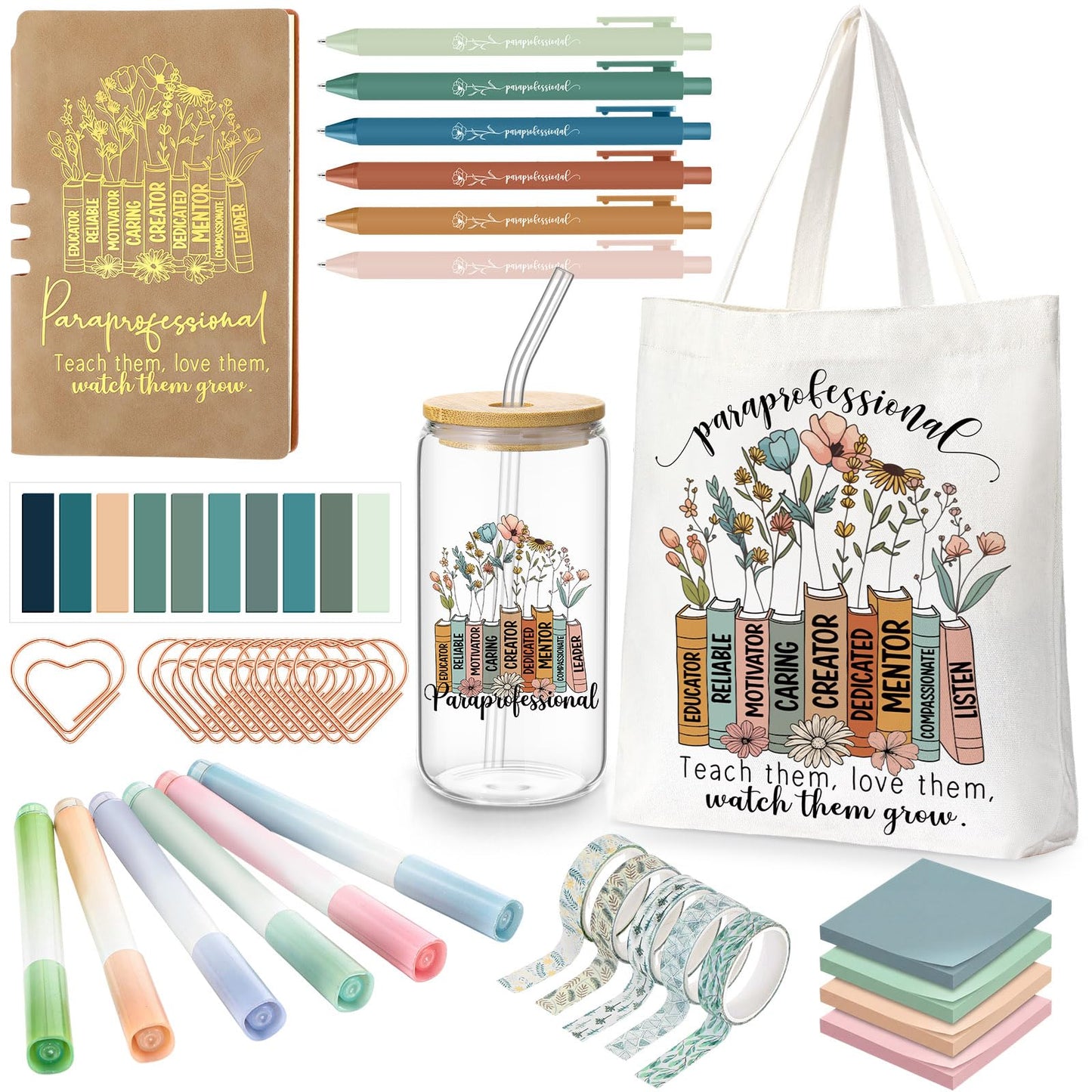 Yungyan 35 Pcs Paraprofessional Appreciation Gift 6oz Glass Cup Tote Bag Leather Notebook Ballpoint Pen Highlighter Sticky Paper Clip for Paraprofessional Teaching Assistant