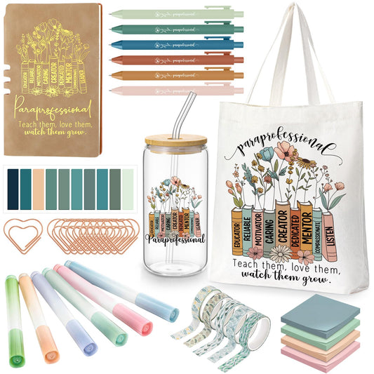 Yungyan 35 Pcs Paraprofessional Appreciation Gift 6oz Glass Cup Tote Bag Leather Notebook Ballpoint Pen Highlighter Sticky Paper Clip for Paraprofessional Teaching Assistant