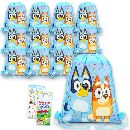 Bluey Party Favor Bags Set - Bundle with 12 Bingo Drawstring Bags for Kid and Stickers | Bluey Birthday Party Supplies