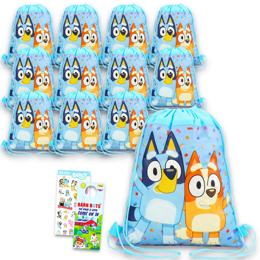 Bluey Party Favor Bags Set - Bundle with 12 Bingo Drawstring Bags for Kid and Stickers | Bluey Birthday Party Supplies