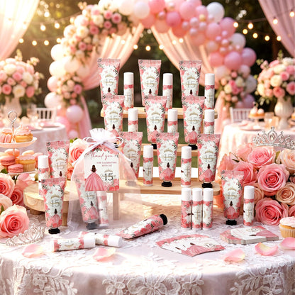 Leelosp 25 Set/100 Pcs Quinceanera Party Favor for Guest with Travel Size Hand Cream, Lip Balm, Card, Organza Bags Quinceanera Gift Set Sweet 15th Party Supply Birthday Souvenir (Pink)